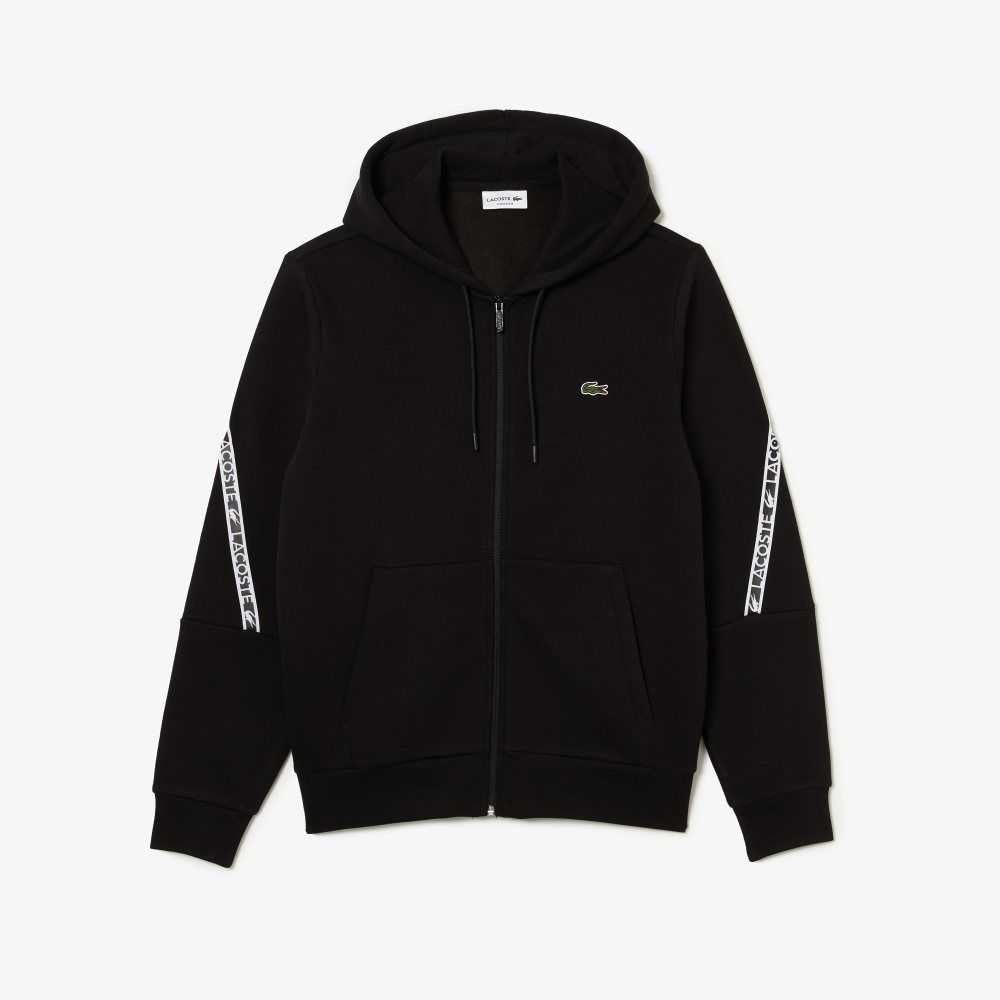 Lacoste Printed Bands Hooded Zip Sweatshirt Black | ERNB-58637