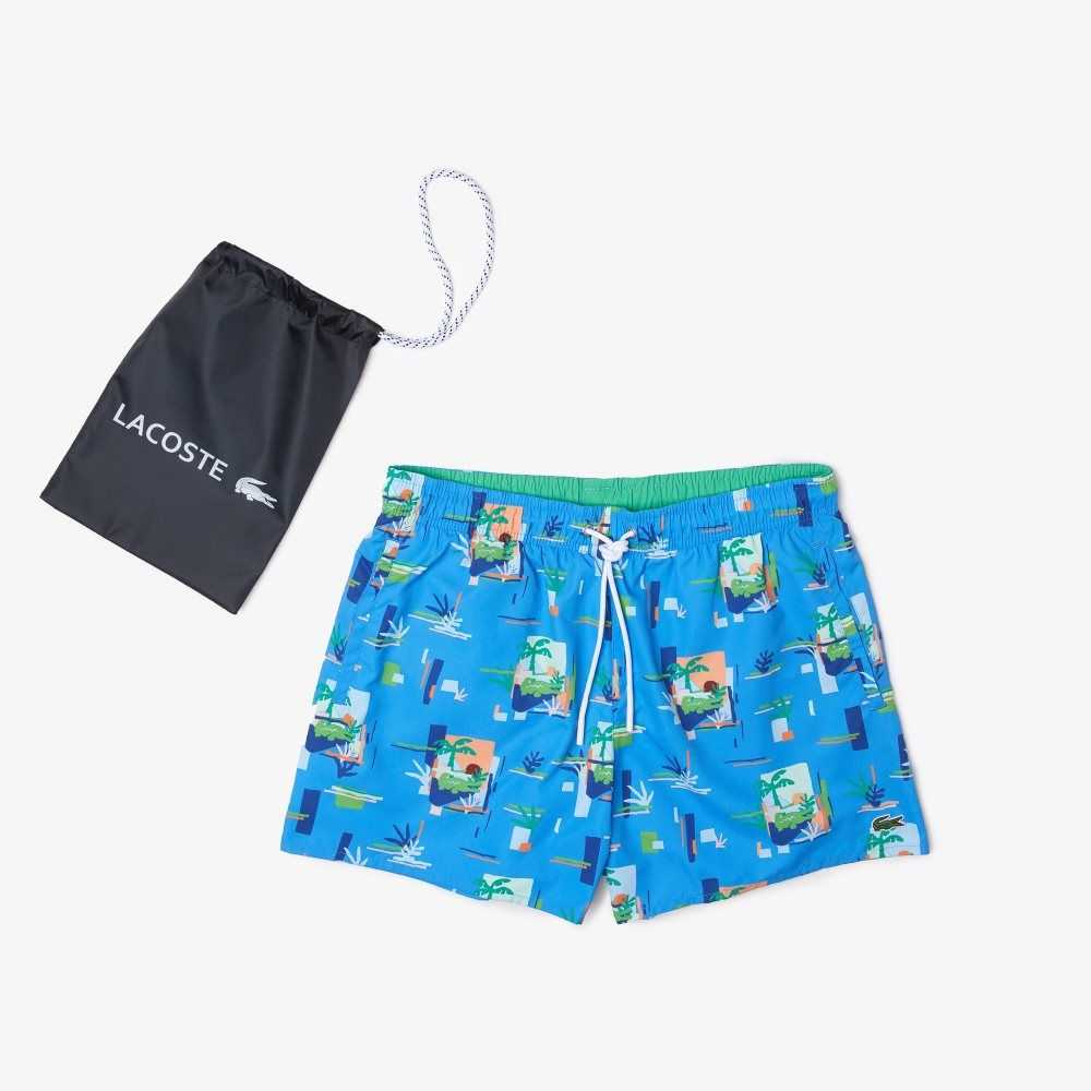 Lacoste Printed Built-In Mesh Boxer Swimming Trunks Blue / White | GVIQ-10783