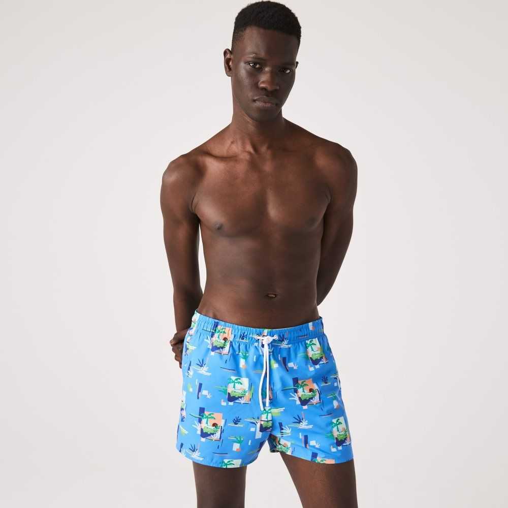 Lacoste Printed Built-In Mesh Boxer Swimming Trunks Blue / White | GVIQ-10783