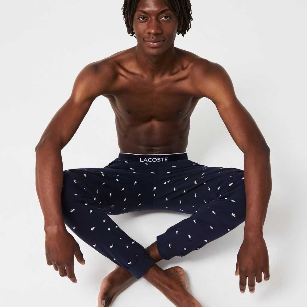 Lacoste Printed Jersey Pajama Pants Navy Blue / White | GAMU-28730