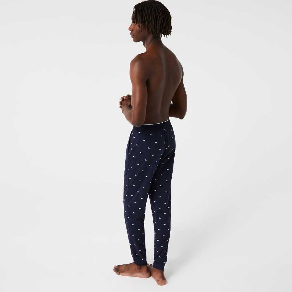 Lacoste Printed Jersey Pajama Pants Navy Blue / White | GAMU-28730