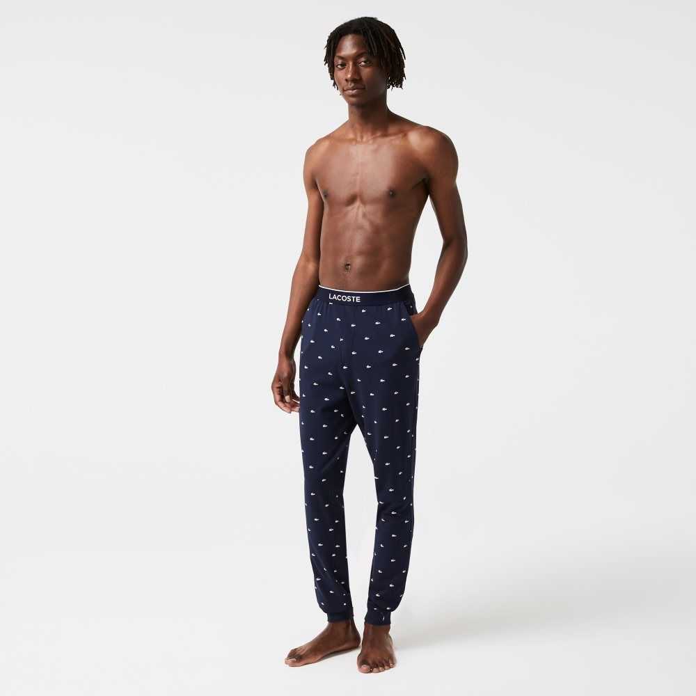 Lacoste Printed Jersey Pajama Pants Navy Blue / White | GAMU-28730