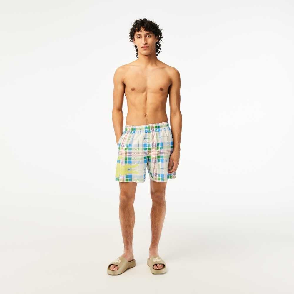 Lacoste Quick-Dry Colored Check Swim Trunks White | LDFI-61920