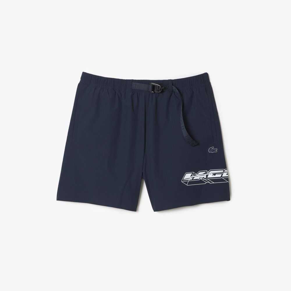 Lacoste Quick-Dry Logo Stripe Swim Trunks Blue | DVFC-15804