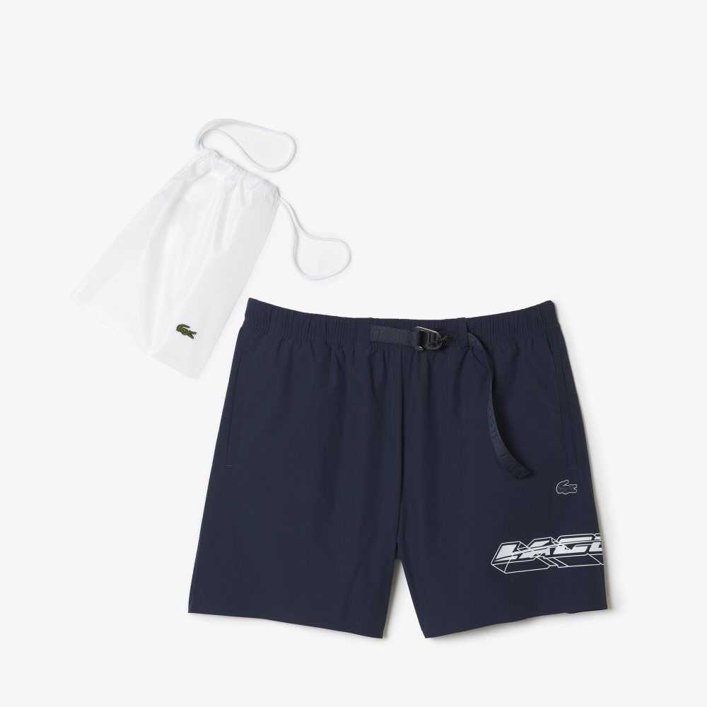 Lacoste Quick-Dry Logo Stripe Swim Trunks Blue | DVFC-15804