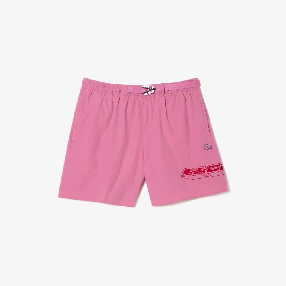 Lacoste Quick-Dry Logo Stripe Swim Trunks Pink | QHZF-63180
