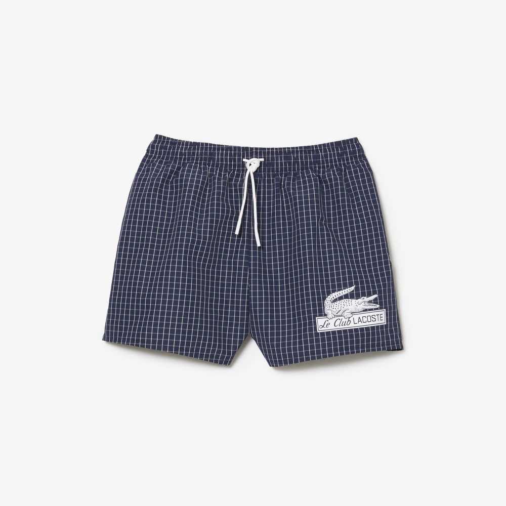 Lacoste Recycled Polyester Checked Swim Trunks Navy Blue / White | FNDJ-03671