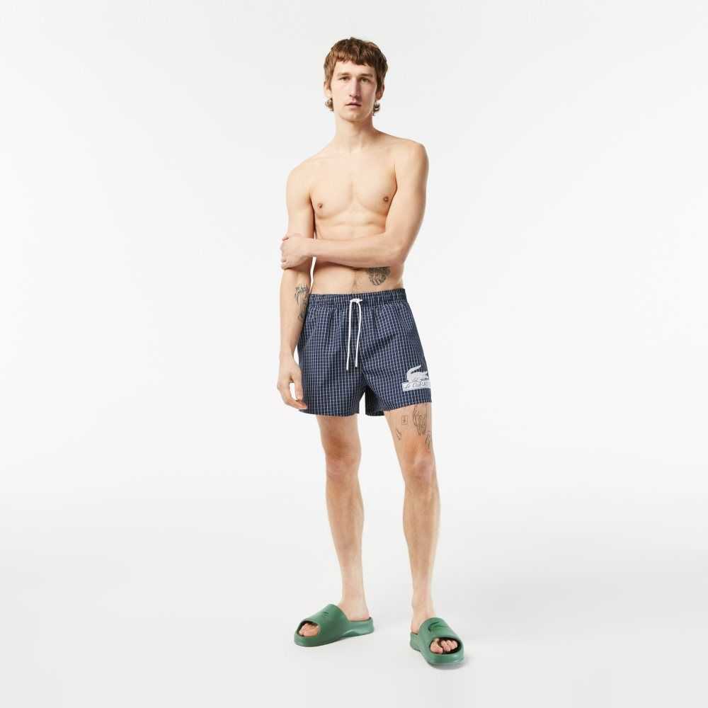 Lacoste Recycled Polyester Checked Swim Trunks Navy Blue / White | FNDJ-03671