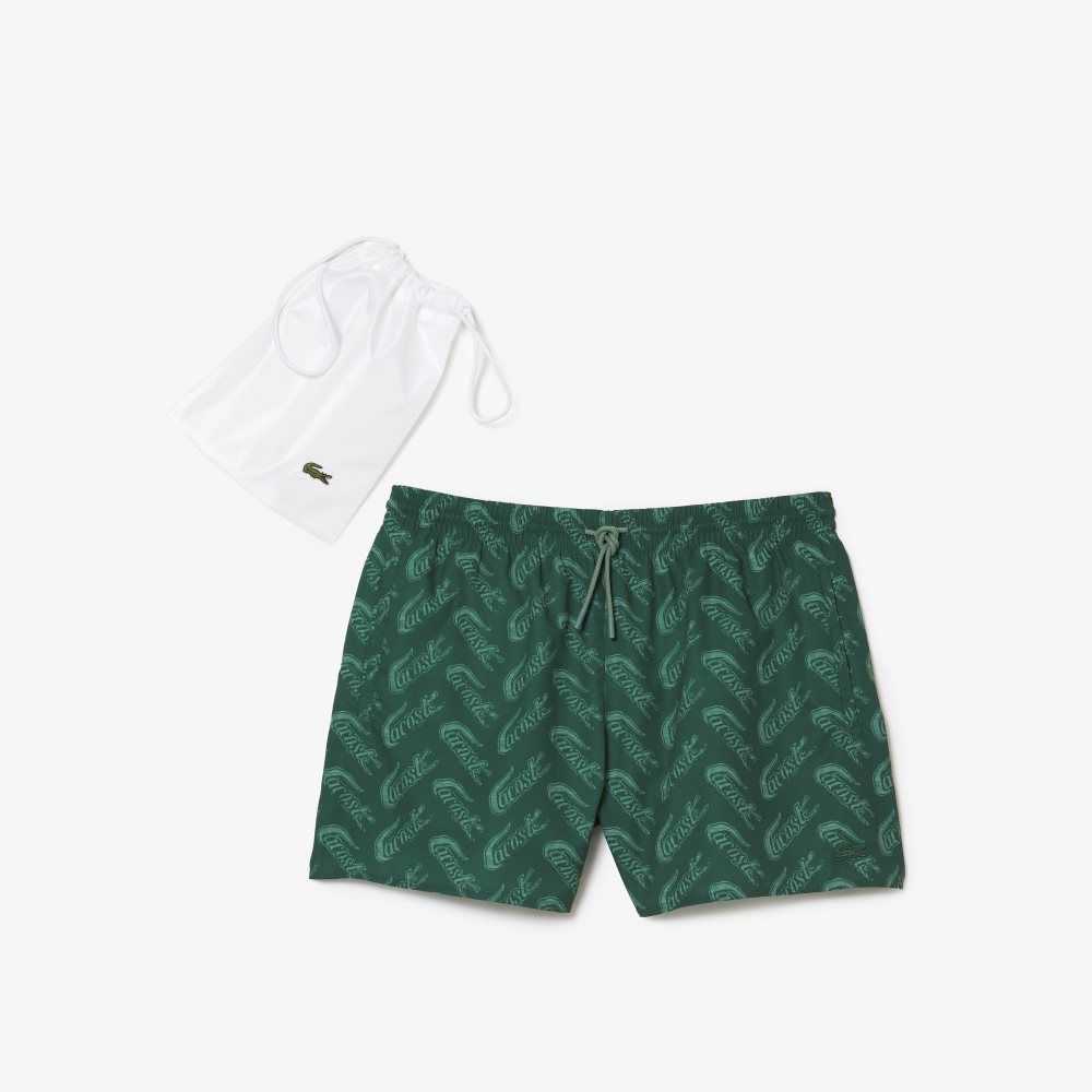 Lacoste Recycled Polyester Print Swim Trunks Green / Khaki Green | EBJZ-54913