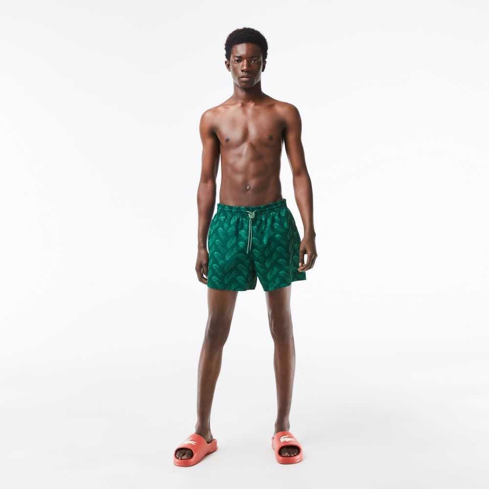 Lacoste Recycled Polyester Print Swim Trunks Green / Khaki Green | EBJZ-54913