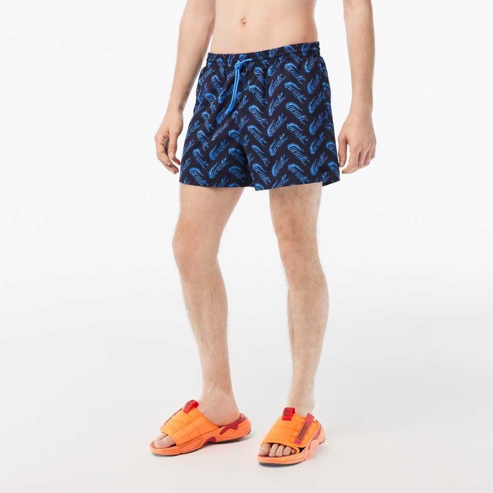 Lacoste Recycled Polyester Print Swim Trunks Navy Blue / Blue | ZKNH-63728