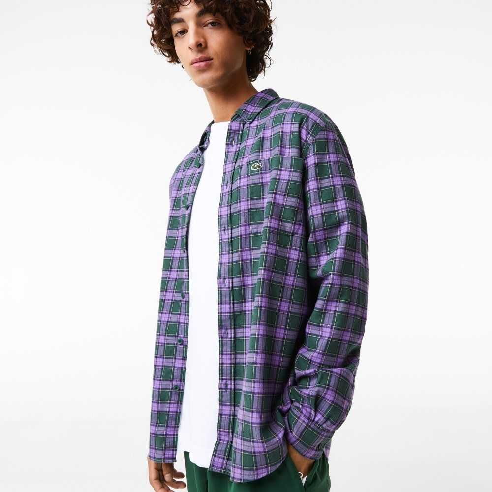 Lacoste Regular Fit Check Print Flannel Shirt Green / Purple / Beige | NROT-51934