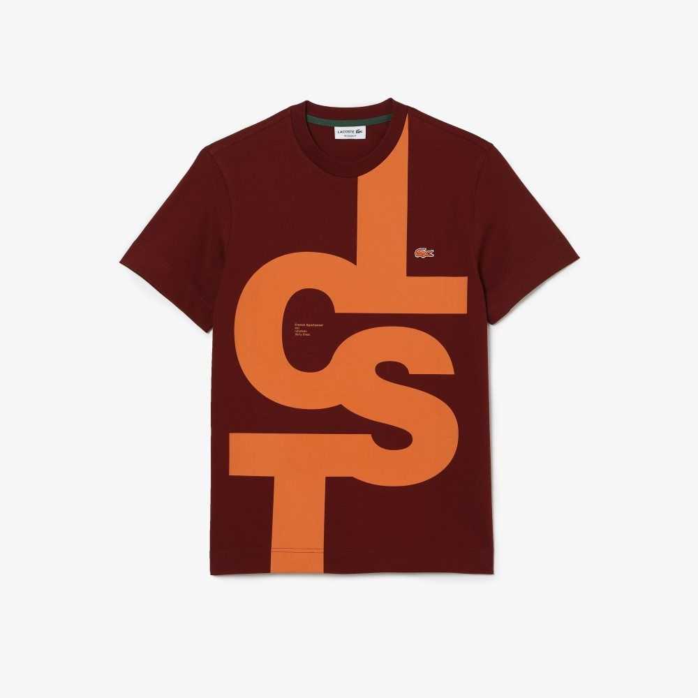 Lacoste Regular Fit Contrast Lettering Cotton T-Shirt Bordeaux | EDHY-04738