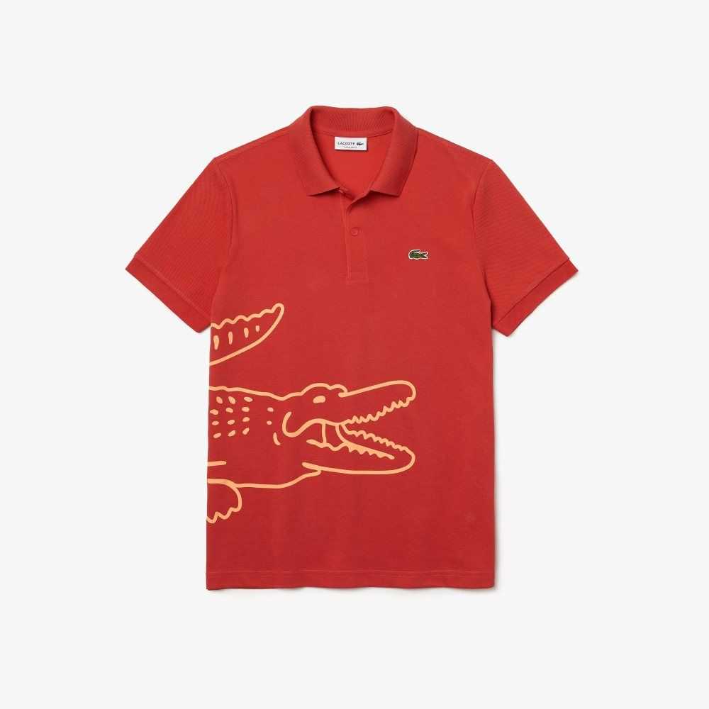 Lacoste Regular Fit Crocodile Print Cotton Pique Polo Red | RADS-62135