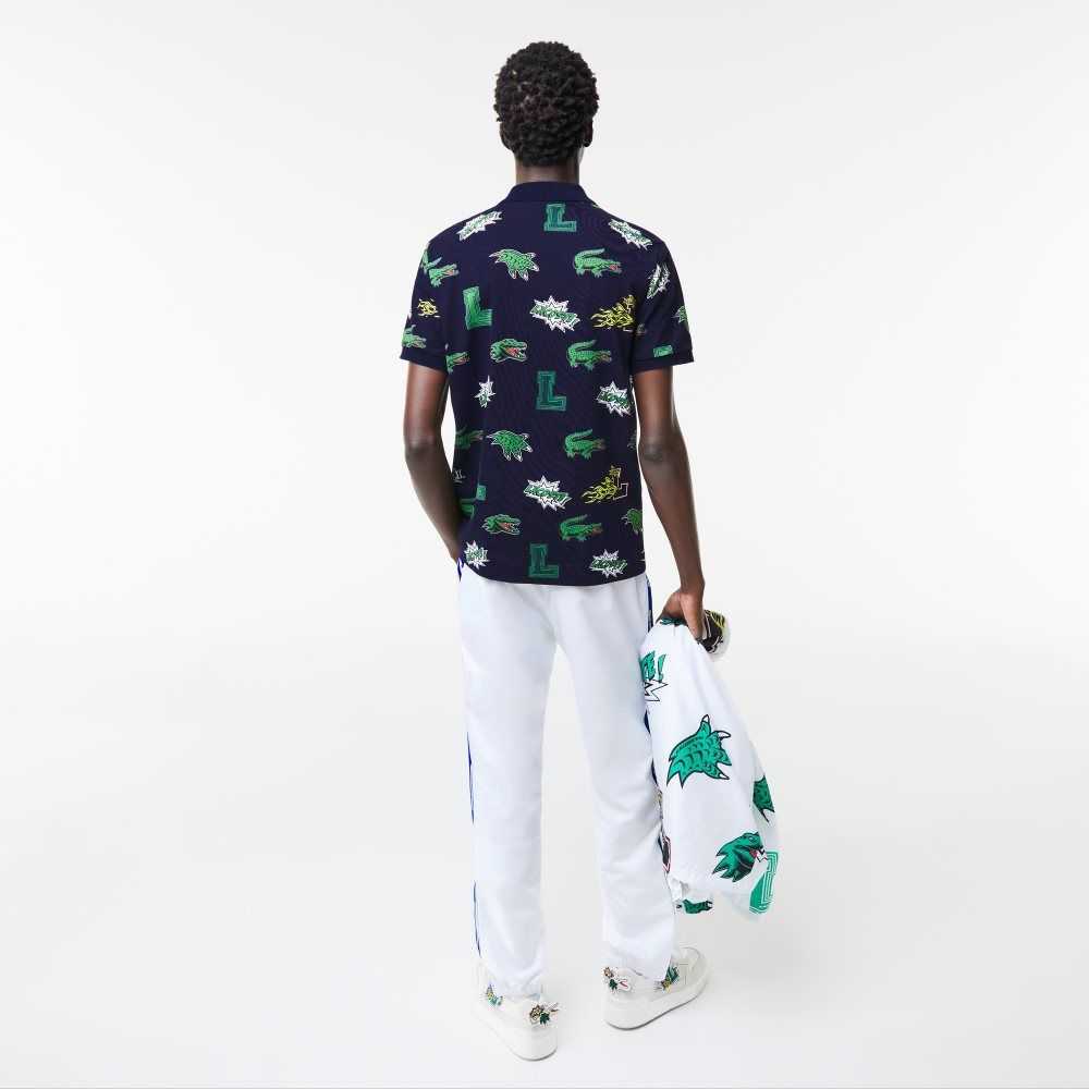 Lacoste Regular Fit Crocodile Print Polo Navy Blue / White | NMUX-02176