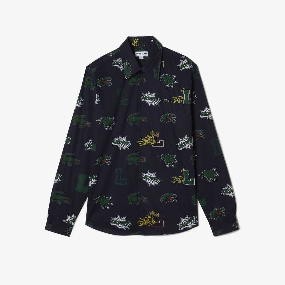 Lacoste Regular Fit Crocodile Print Shirt Navy Blue / White | WHIJ-45718