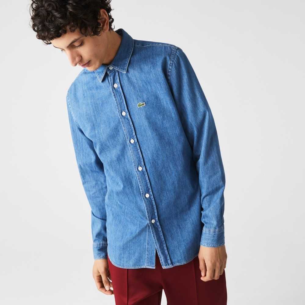 Lacoste Regular Fit Lightweight Organic Cotton Denim Shirt Blue | ODVS-90756