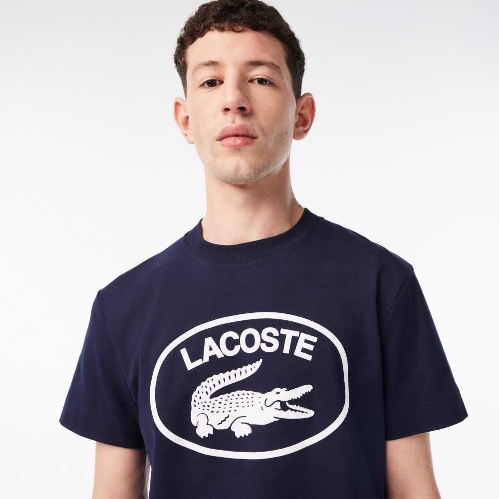 Lacoste Relaxed Fit Branded Cotton T-Shirt Navy Blue / White | XOFM-95428