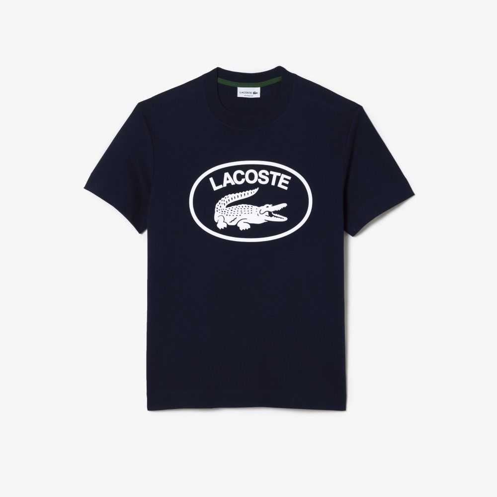 Lacoste Relaxed Fit Branded Cotton T-Shirt Navy Blue / White | XOFM-95428