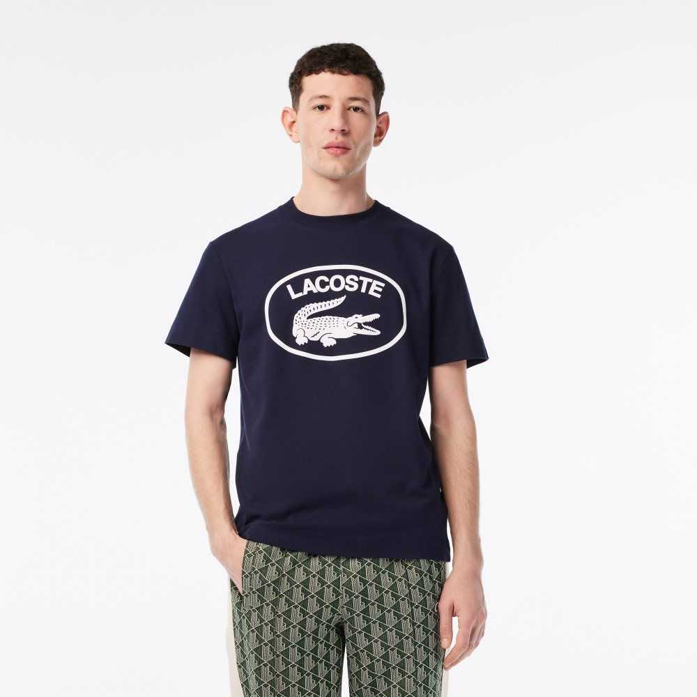 Lacoste Relaxed Fit Branded Cotton T-Shirt Navy Blue / White | XOFM-95428