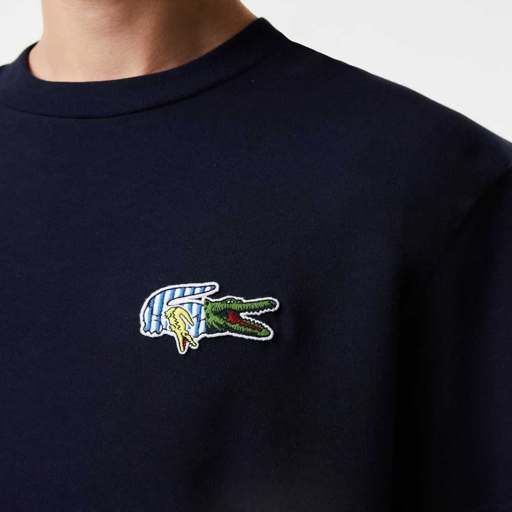 Lacoste Relaxed Fit Comic Effect Badge T-Shirt Navy Blue | SGZQ-12035