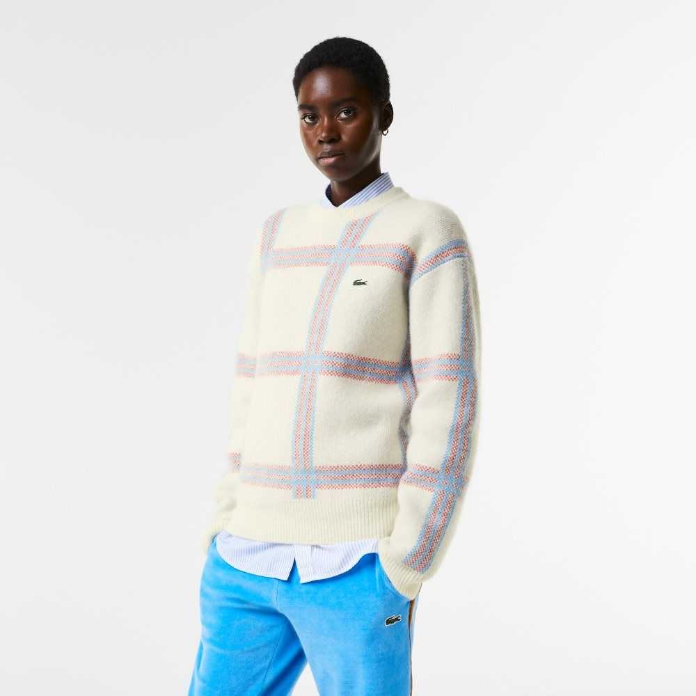 Lacoste Relaxed Fit Tartan Pattern Wool Blend Sweater White / Red / Blue | DYHT-64518