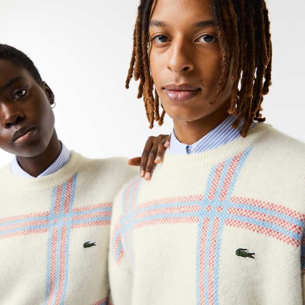 Lacoste Relaxed Fit Tartan Pattern Wool Blend Sweater White / Red / Blue | DYHT-64518
