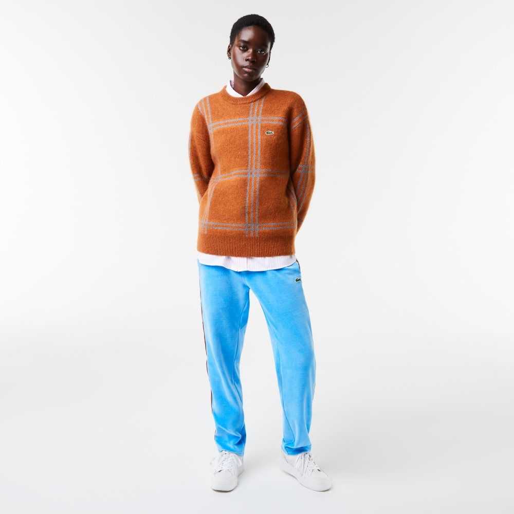 Lacoste Relaxed Fit Tartan Pattern Wool Blend Sweater Brown / Blue / Orange | JSMG-56832
