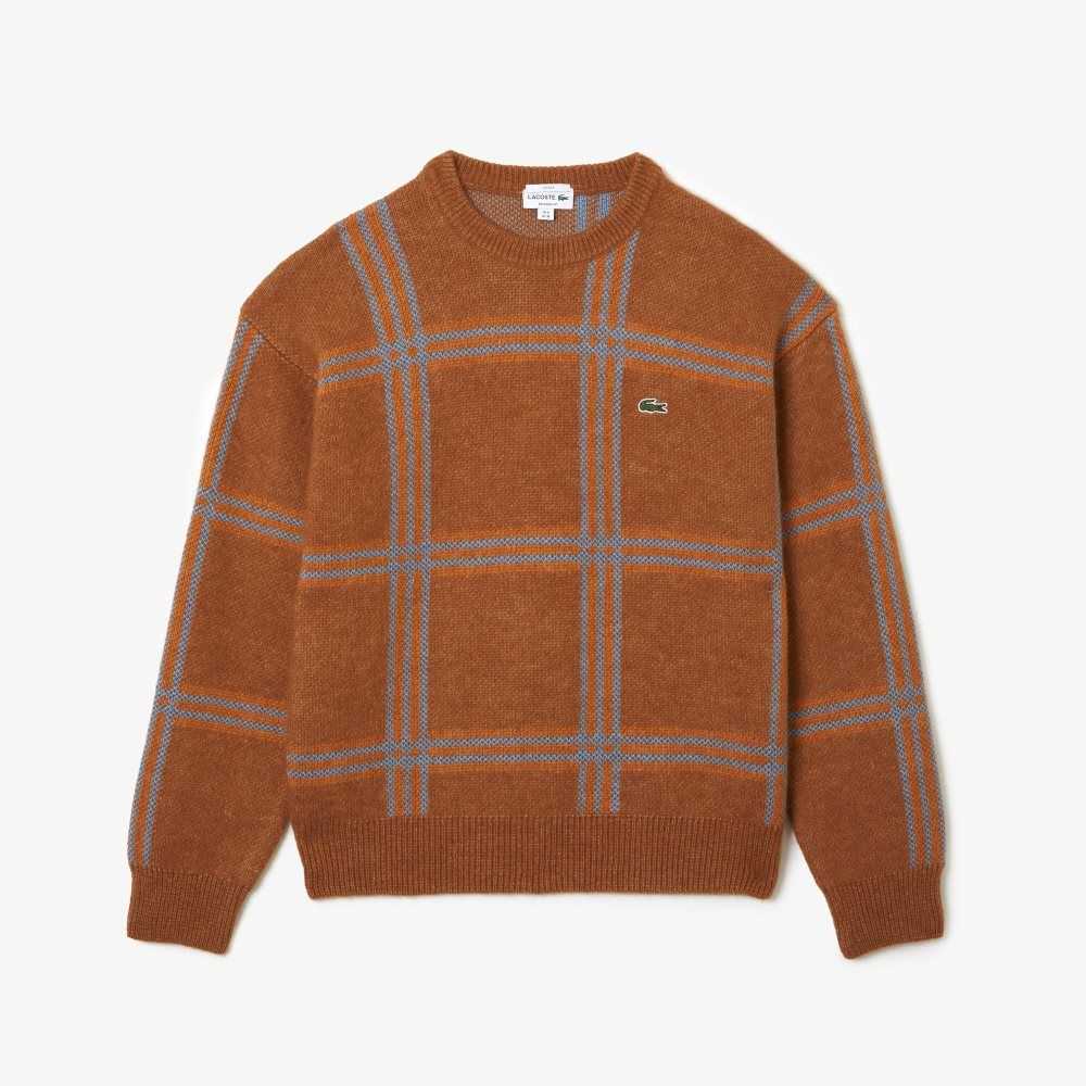 Lacoste Relaxed Fit Tartan Pattern Wool Blend Sweater Brown / Blue / Orange | JSMG-56832