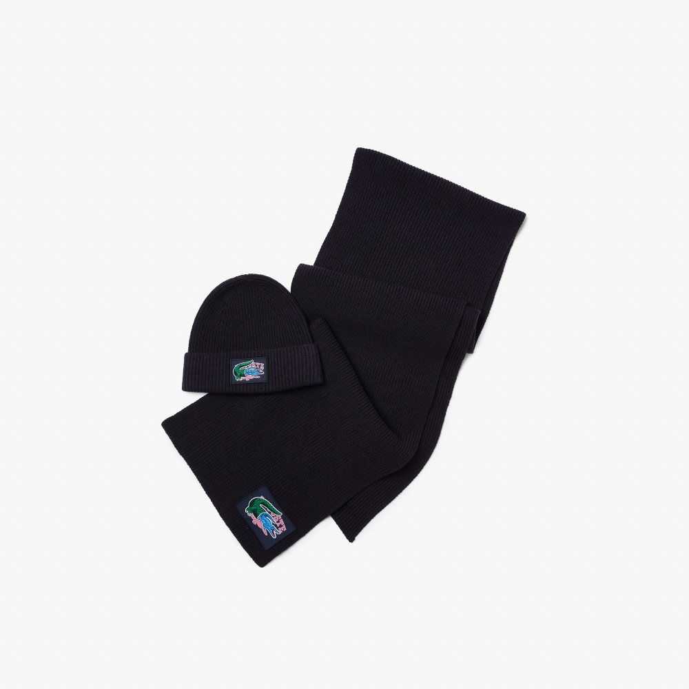 Lacoste Ribbed Wool Beanie And Scarf Gift Set Navy Blue | GBMH-54726