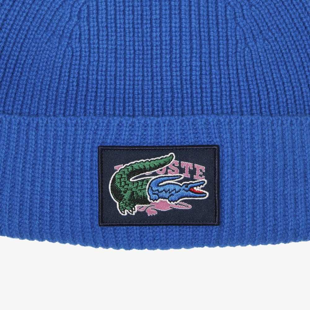 Lacoste Ribbed Wool Beanie And Scarf Gift Set Blue | KGWV-07938