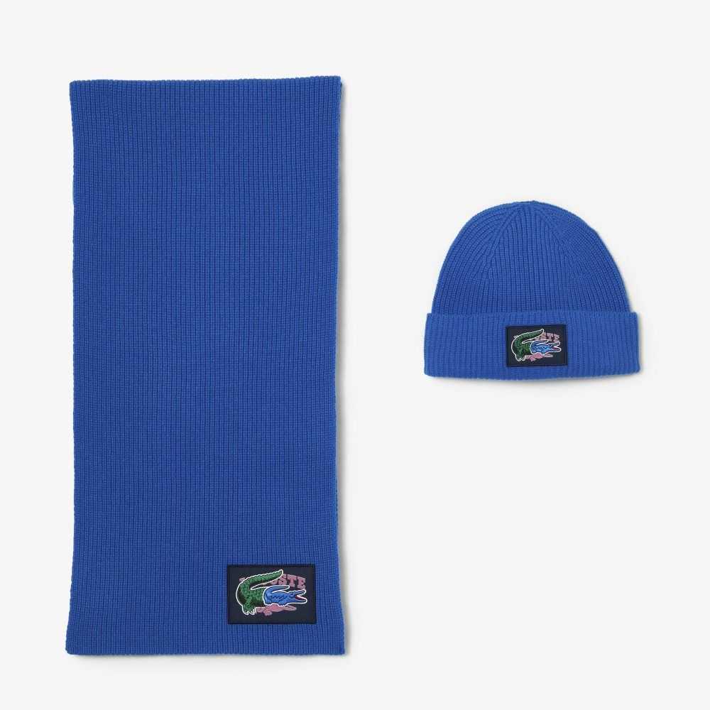Lacoste Ribbed Wool Beanie And Scarf Gift Set Blue | KGWV-07938