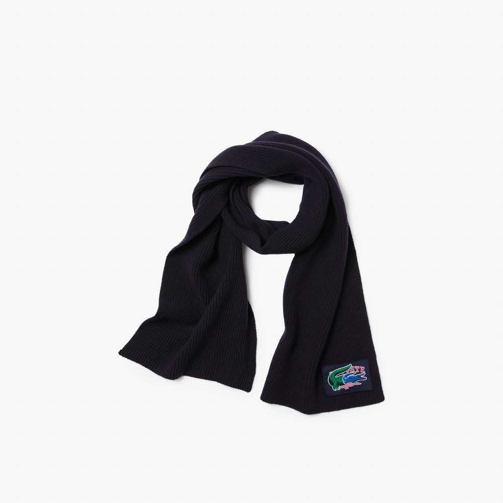 Lacoste Ribbed Wool Beanie And Scarf Gift Set Navy Blue | MHAE-63179