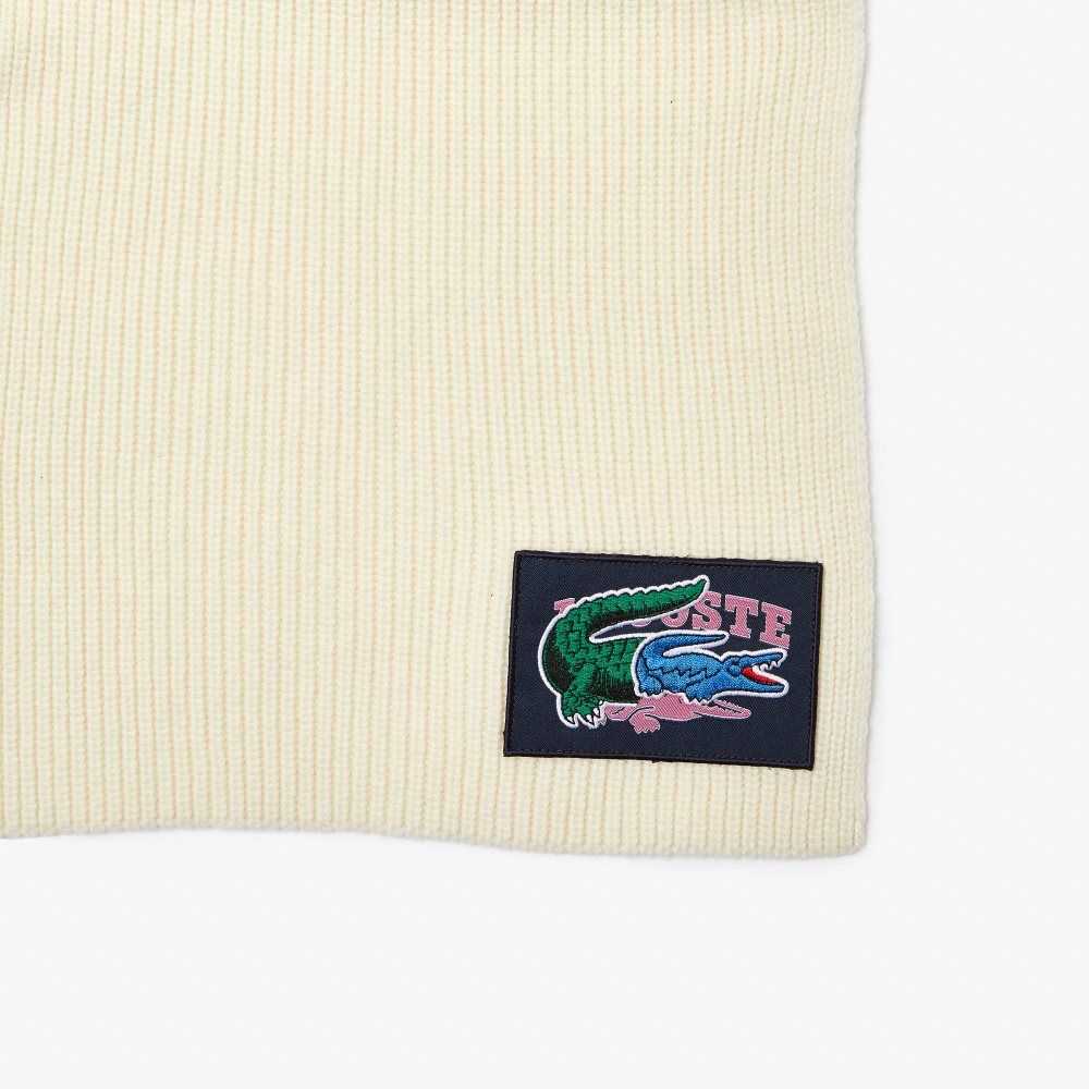 Lacoste Ribbed Wool Beanie And Scarf Gift Set White | YVSL-84172