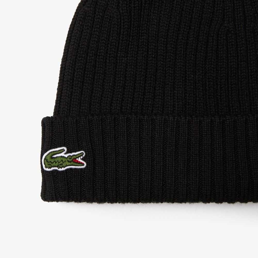 Lacoste Ribbed Wool Beanie Black | ZELK-65980