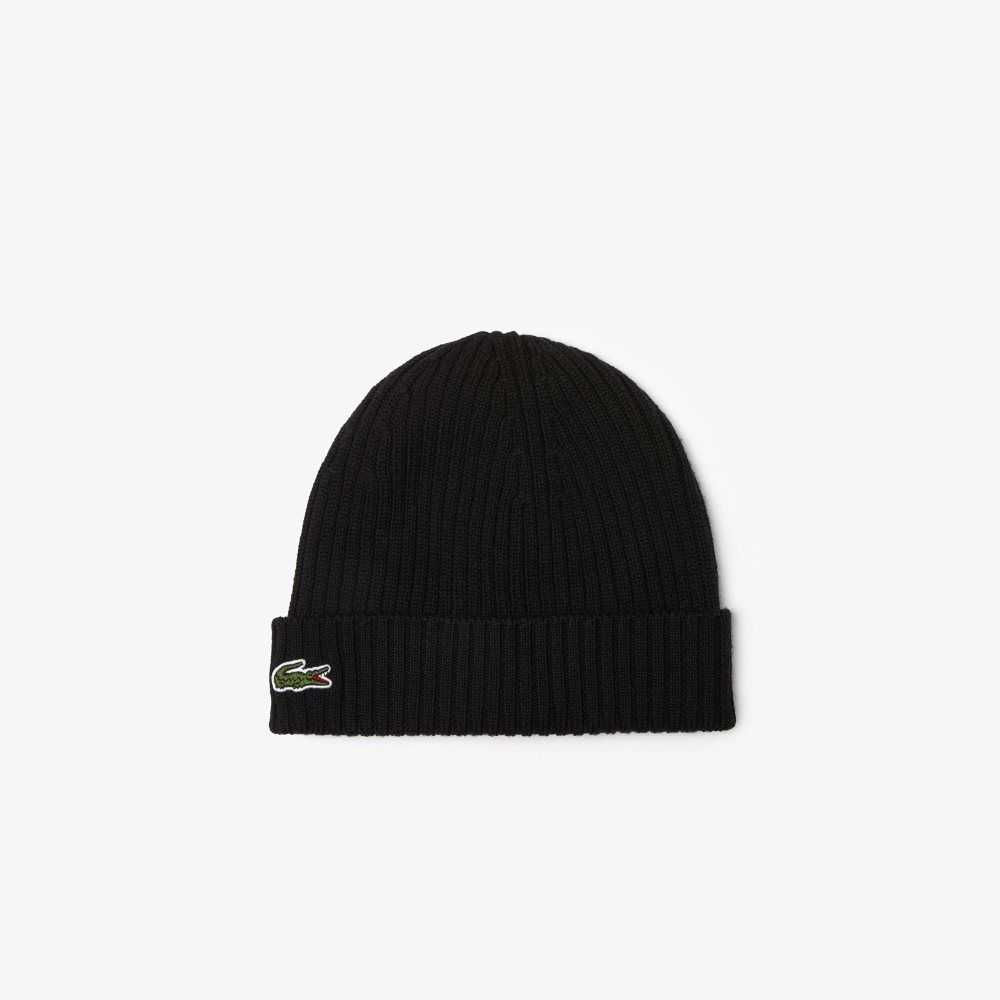 Lacoste Ribbed Wool Beanie Black | ZELK-65980