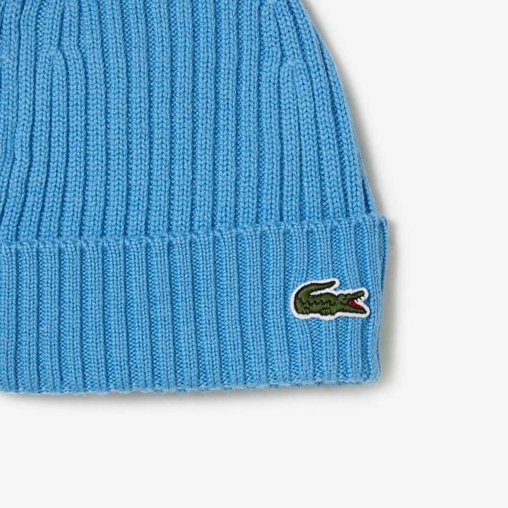 Lacoste Ribbed Wool Beanie Blue | ESOQ-96083