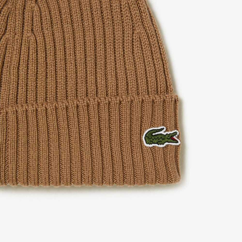 Lacoste Ribbed Wool Beanie Brown | PLCH-28617