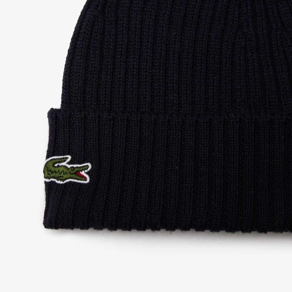 Lacoste Ribbed Wool Beanie Navy Blue | KHMW-57912