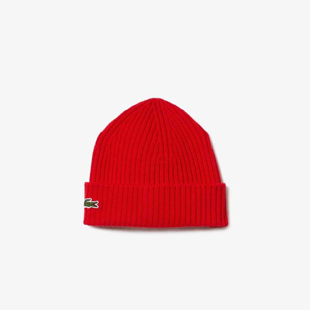 Lacoste Ribbed Wool Beanie Red | BCDR-53129