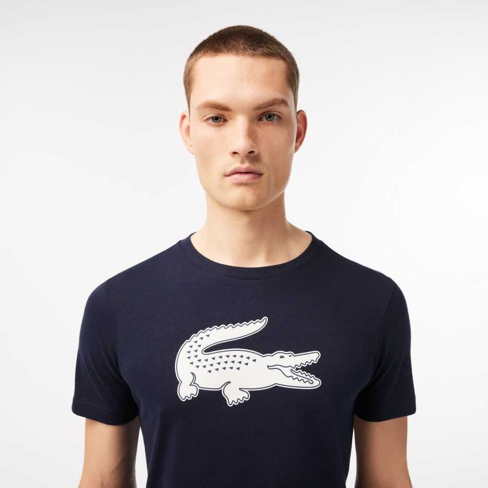 Lacoste SPORT 3D Print Crocodile Breathable Jersey T-Shirt Navy Blue / White | HNIR-94857