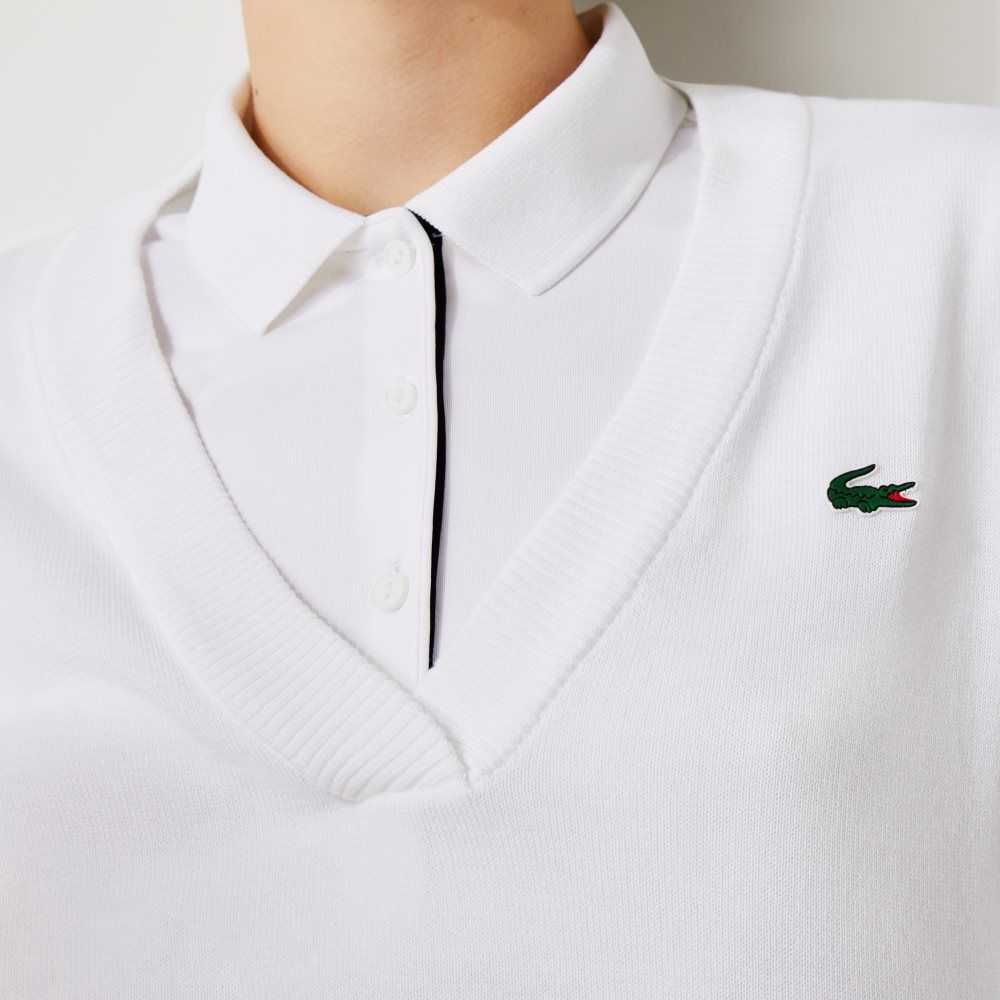 Lacoste SPORT Breathable V-Neck Cotton Golf Sweater White | NVXT-59801