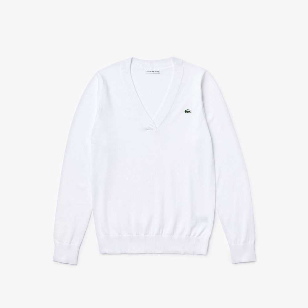 Lacoste SPORT Breathable V-Neck Cotton Golf Sweater White | NVXT-59801
