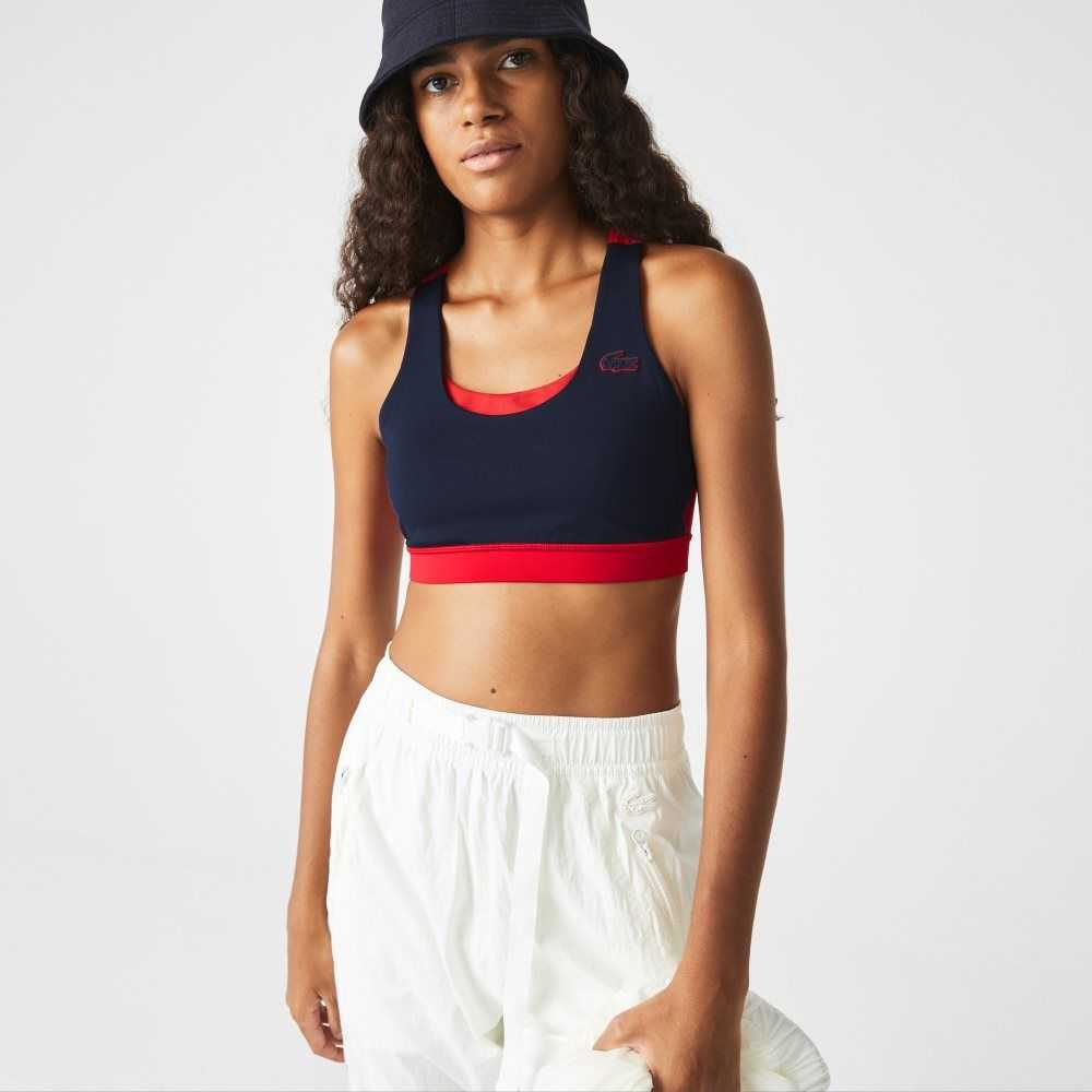 Lacoste SPORT Colorblock Recycled Polyester Sports Bra Navy Blue / Red / Green | IWMH-71405