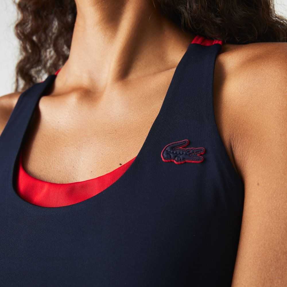 Lacoste SPORT Colorblock Recycled Polyester Sports Bra Navy Blue / Red / Green | IWMH-71405