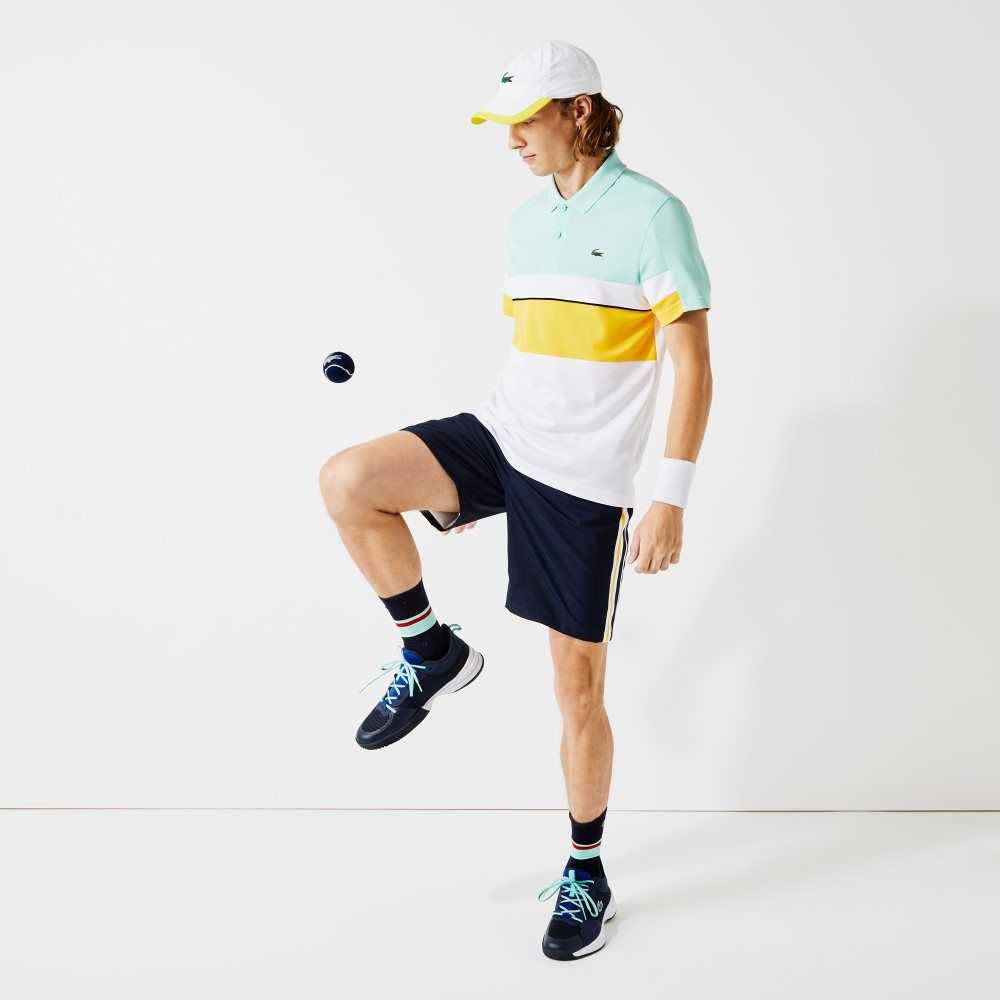 Lacoste SPORT Contrast Bands Lightweight Shorts Navy Blue / Yellow / White | XUJA-14807