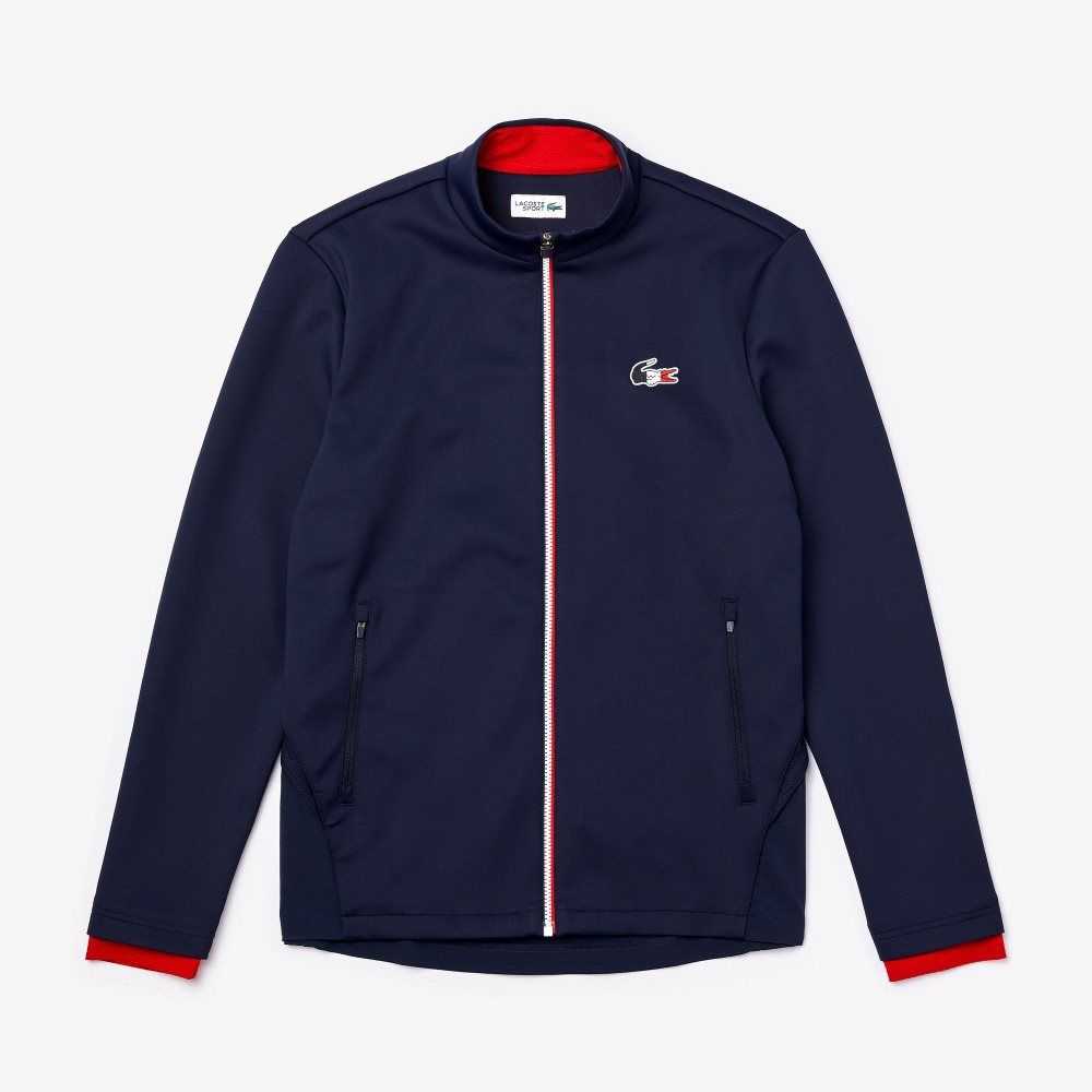 Lacoste SPORT French Sporting Spirit Edition Bi-Material Zippered Jacket Navy Blue / White / Red | WAVB-70584