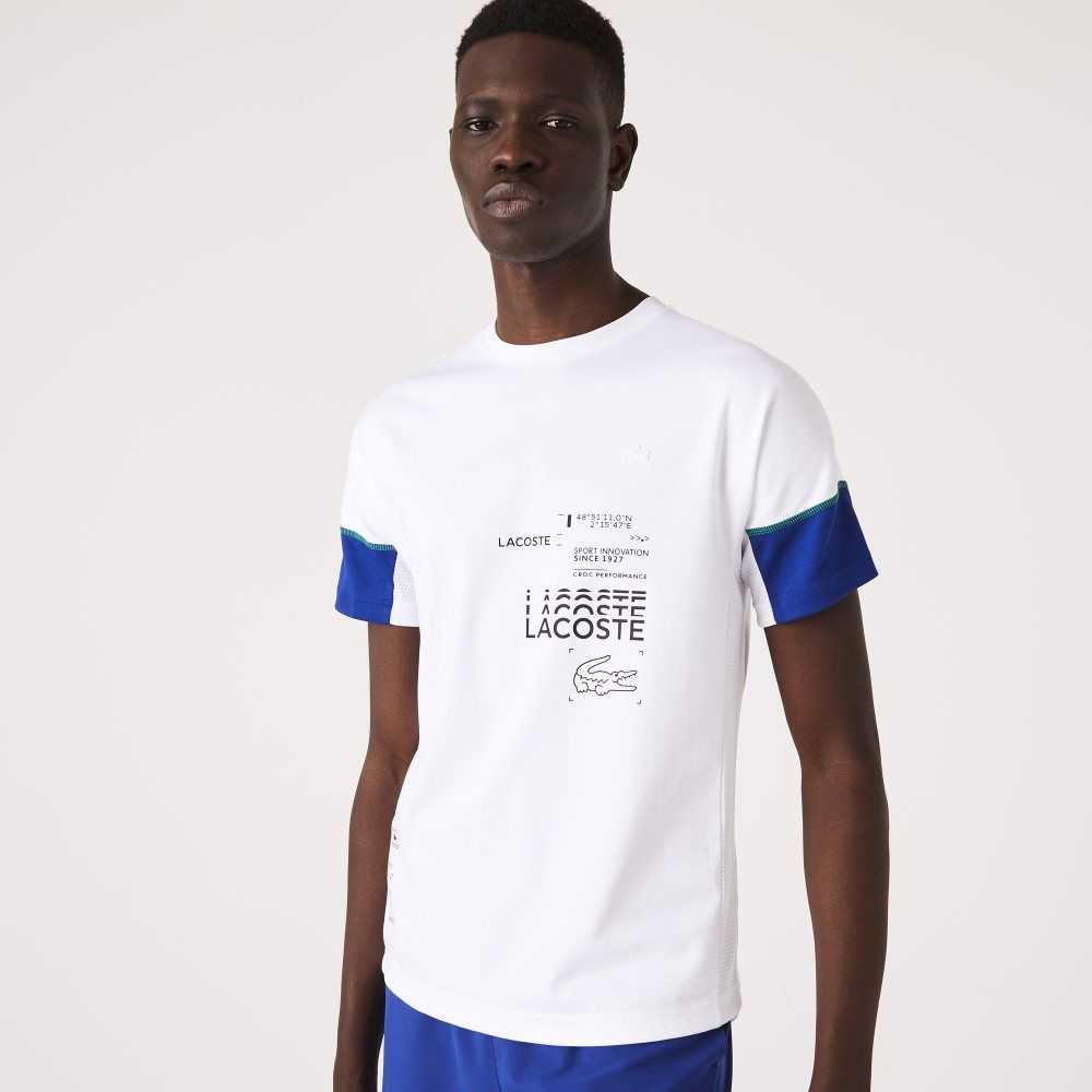 Lacoste SPORT Lettered Technical Cotton T-Shirt White / Blue / Black / White | NDKM-26875