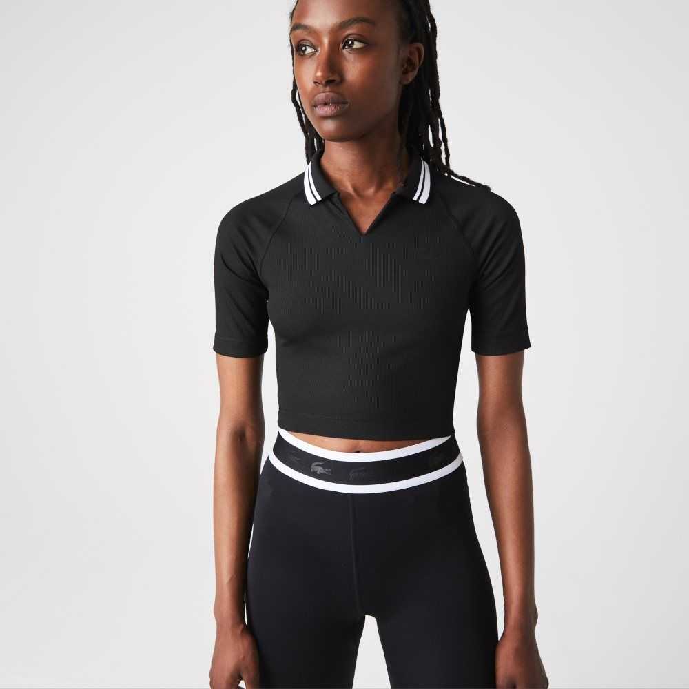 Lacoste SPORT Ribbed Short And Stretch Polo Black | HPEX-96173