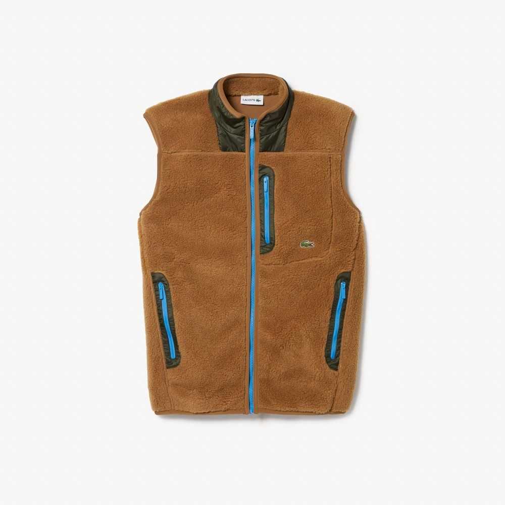 Lacoste Sherpa Fleece Vest Brown / Khaki Green | NJAW-57629